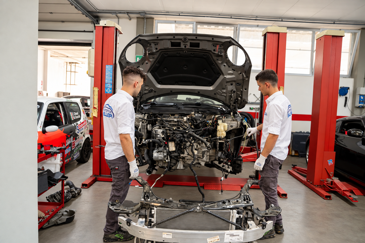 Due meccanici Ellepi al lavoro sulla stessa auto